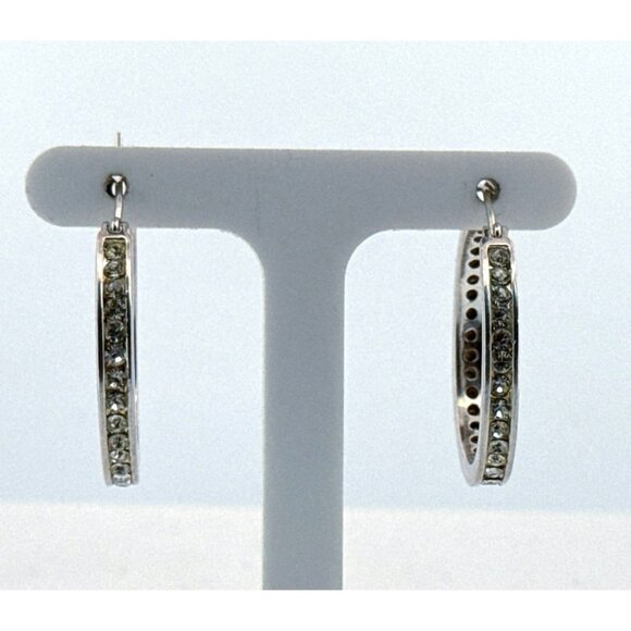 Estate Vintage 925 Sterling Silver CZ Hoop Earrings, 1.13", 7g, Marked - Picture 1 of 9